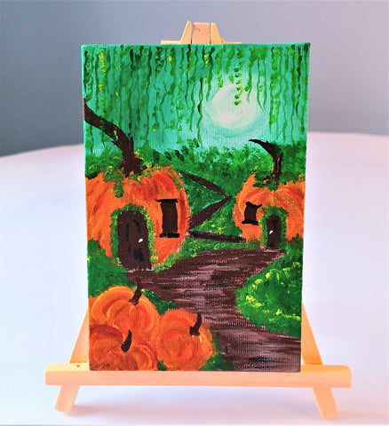 mystical pumpkin village desktop mini canvas art painting kit & video lesson